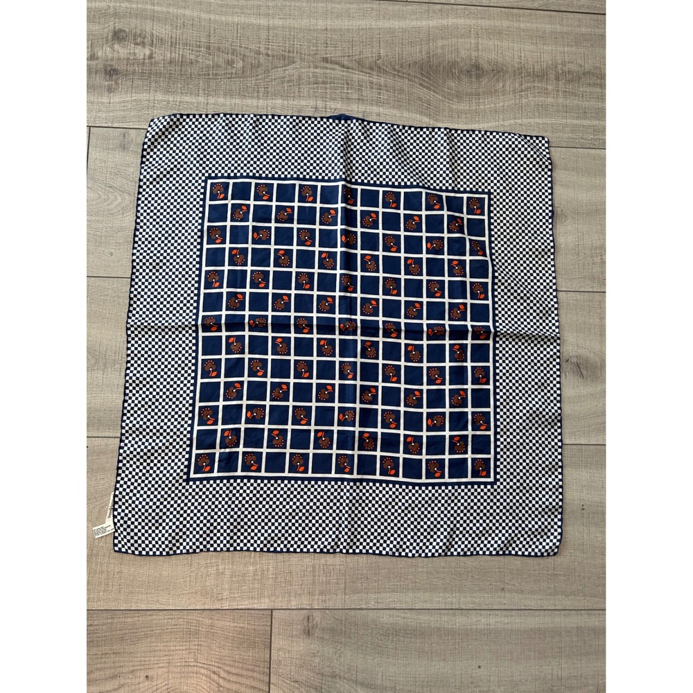 Neiman Marcus Vintage Silk Scarf Navy Blue Floral Checkerboard Made in Italy